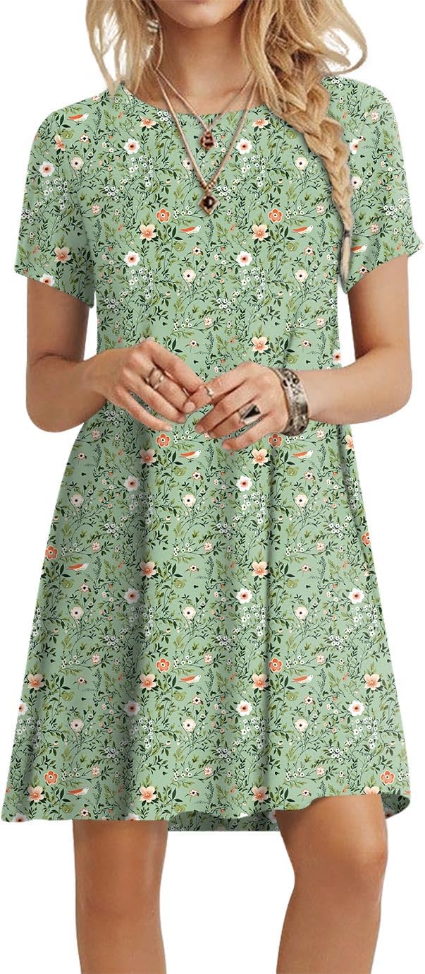 POPYOUNG 2025 Women's Summer Casual T-Shirt Dresses Crew Neck Beach Cover Up Sun Dress