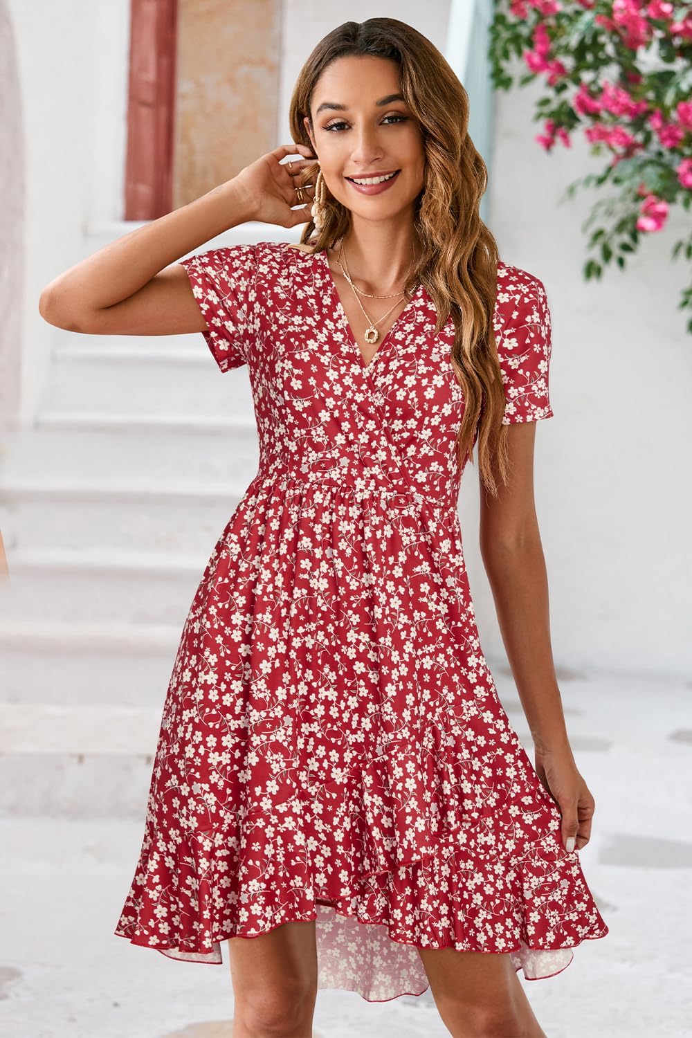 ULTRANICE Womens Summer Dresses Floral V Neck Ruffled Hem Spaghetti Spring Casual Beach Outfits Flowy Wrap Sun Dress