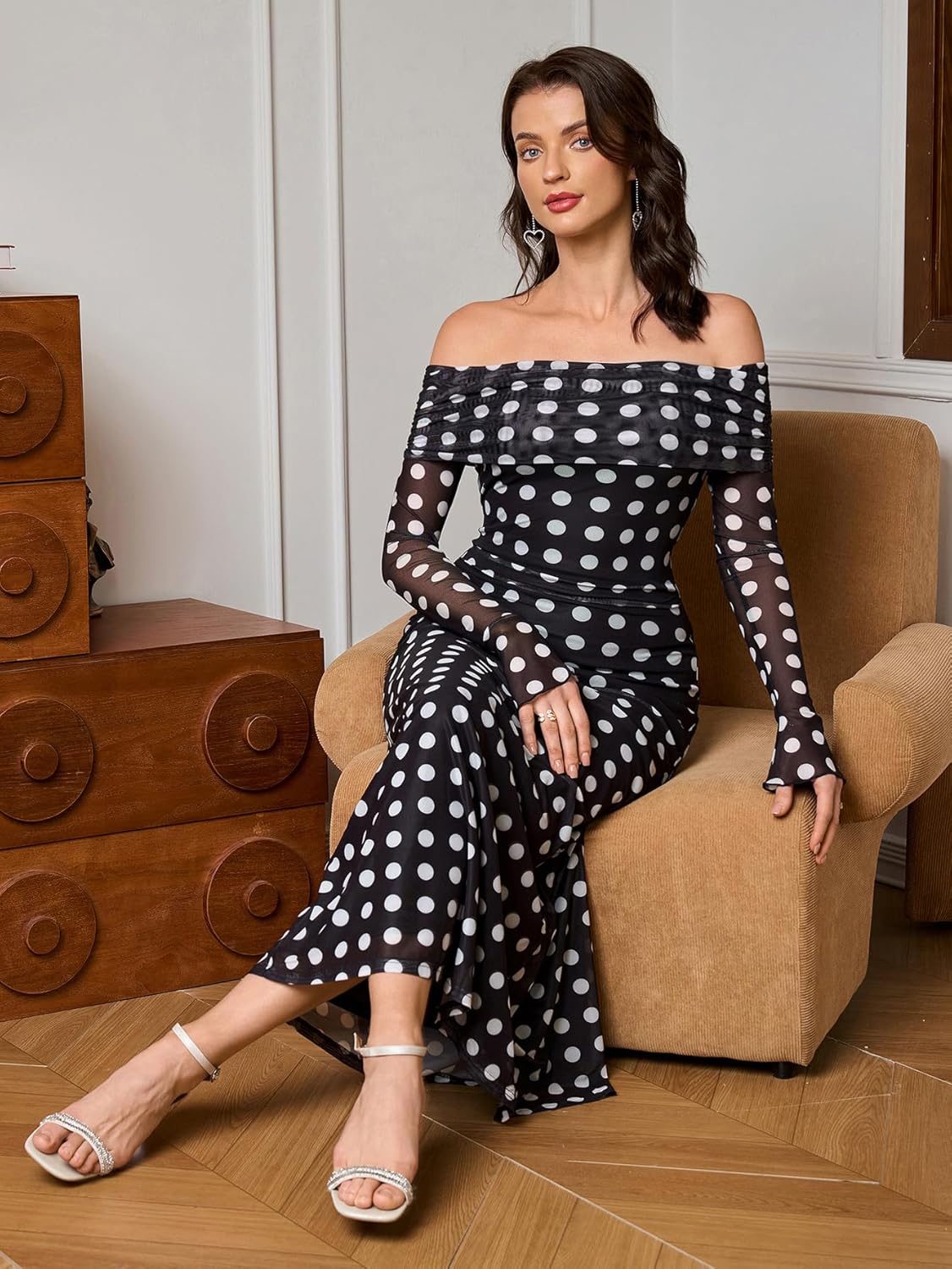 KUTUMAI Women Off Shoulder Bodycon Maxi Dress Long Sleeve Mesh Ruched Party Formal Wedding Guest Dresses