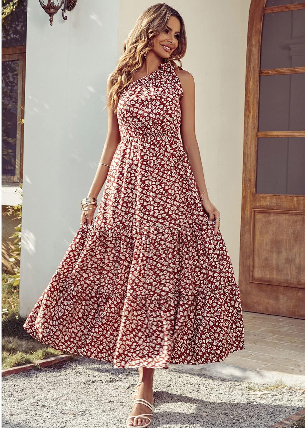 PRETTYGARDEN Women's Summer Floral Maxi Dress Knot One Shoulder Sleeveless Ruffle Flowy Boho Beach Wedding Guest Dresses