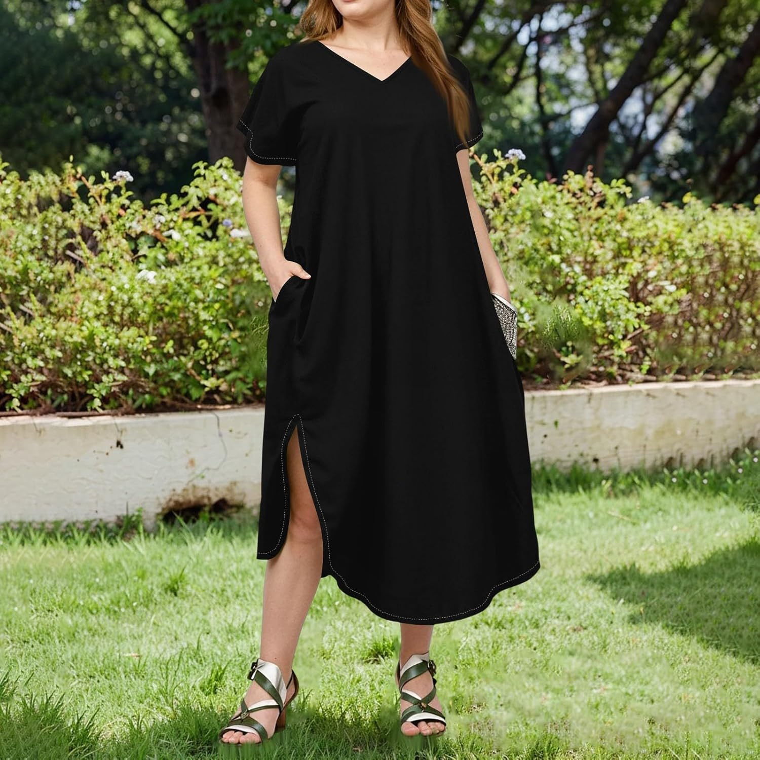 Maxi Dresses for Women 2025 Plus Size Tie Dye V Neck Dress Short Sleeve Side Split Beach Summer Sundress with Pocket
