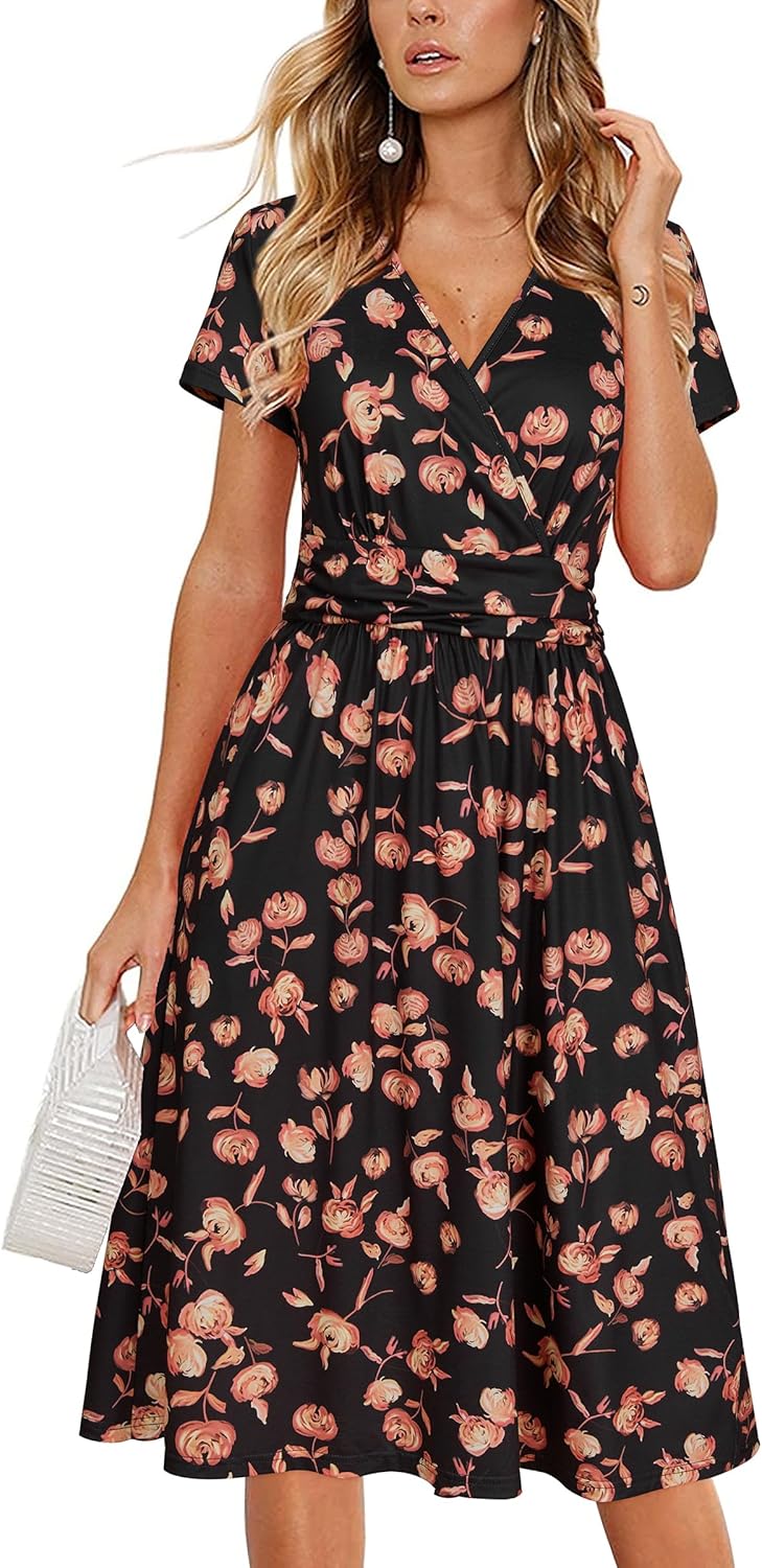 OUGES Women's Summer Short Sleeve V-Neck Floral Short Party Dress with Pockets