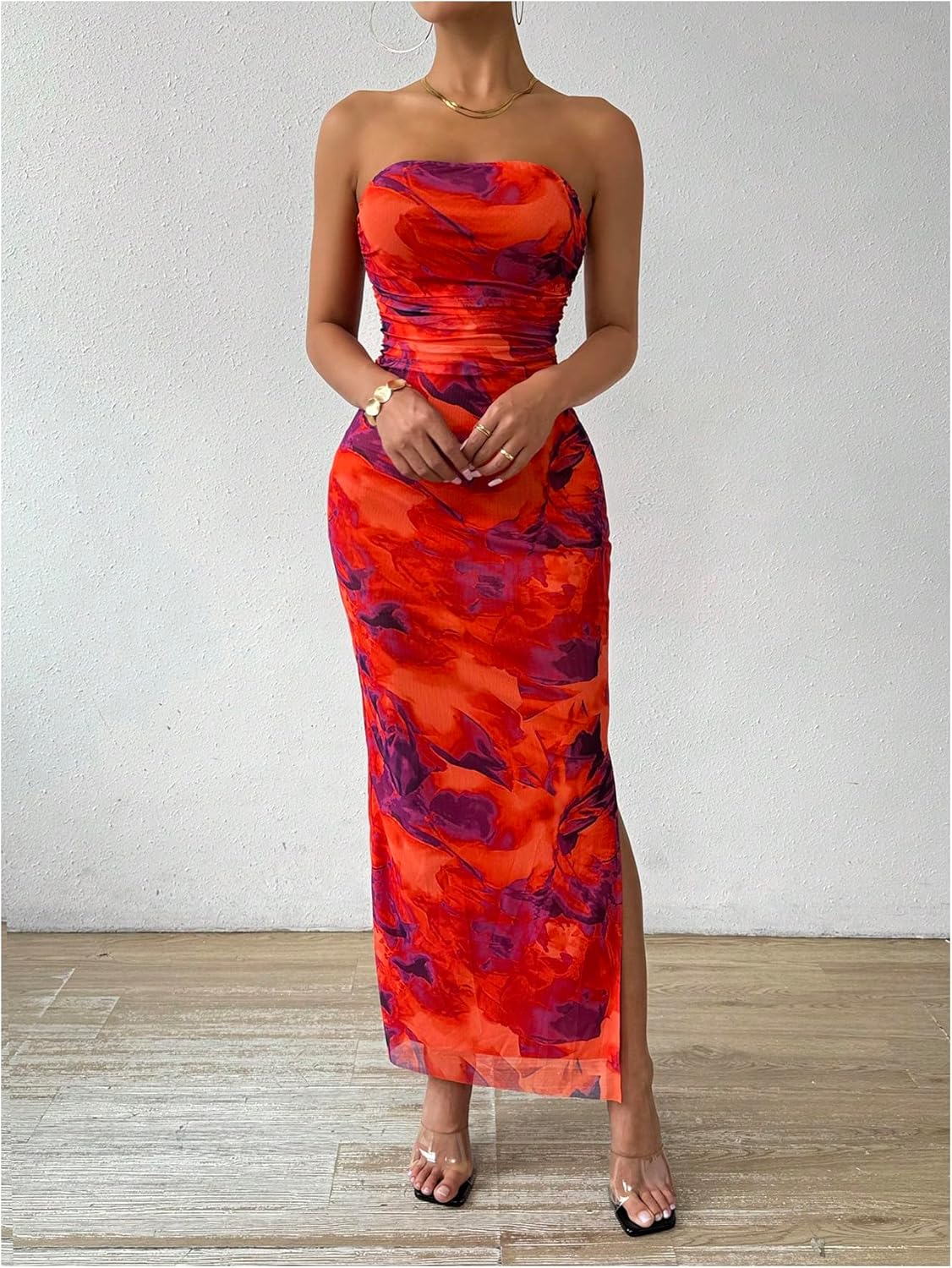 Milumia Women's Printed Strapless Tube Top Long Dress Slit Hem Sleeveless Bodycon Maxi Dresses