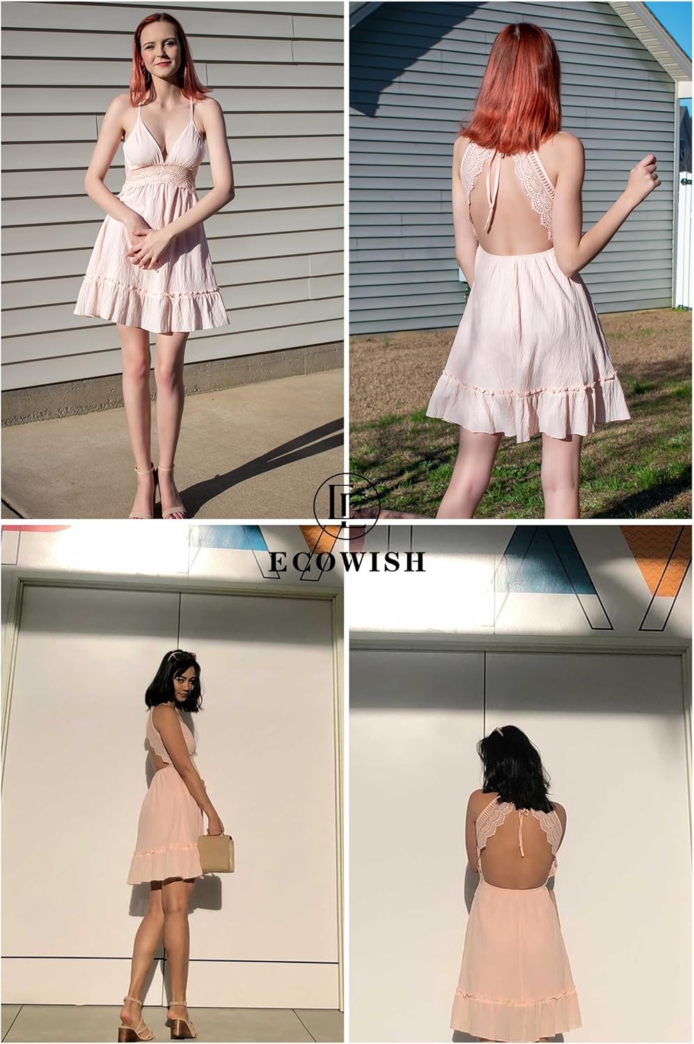 ECOWISH Summer Dresses for Women 2025 V-Neck Spaghetti Strap Bowknot Backless Sleeveless Lace Mini Swing Skater Dress