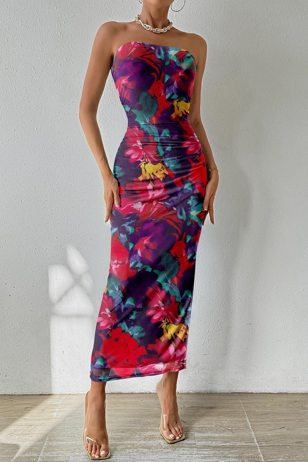 PRETTYGARDEN Women's Summer Maxi Bodycon Dresses Strapless Tube Top Printed Long Party Club Slit Dress