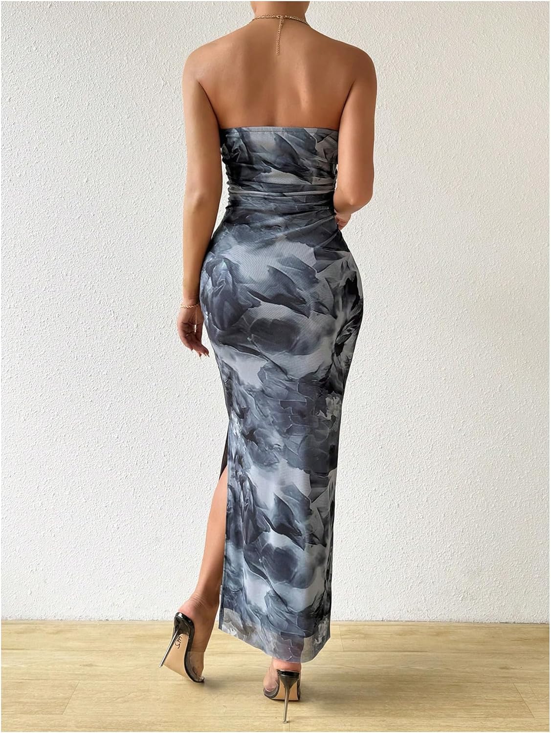 Milumia Women's Printed Strapless Tube Top Long Dress Slit Hem Sleeveless Bodycon Maxi Dresses