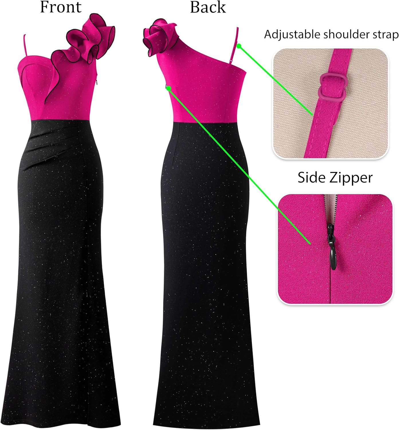 VFSHOW Womens Ruffle One Shoulder Strap Ruched Formal Prom Wedding Maxi Dress V Neck Elegant Split Cocktail Evening Long Gown