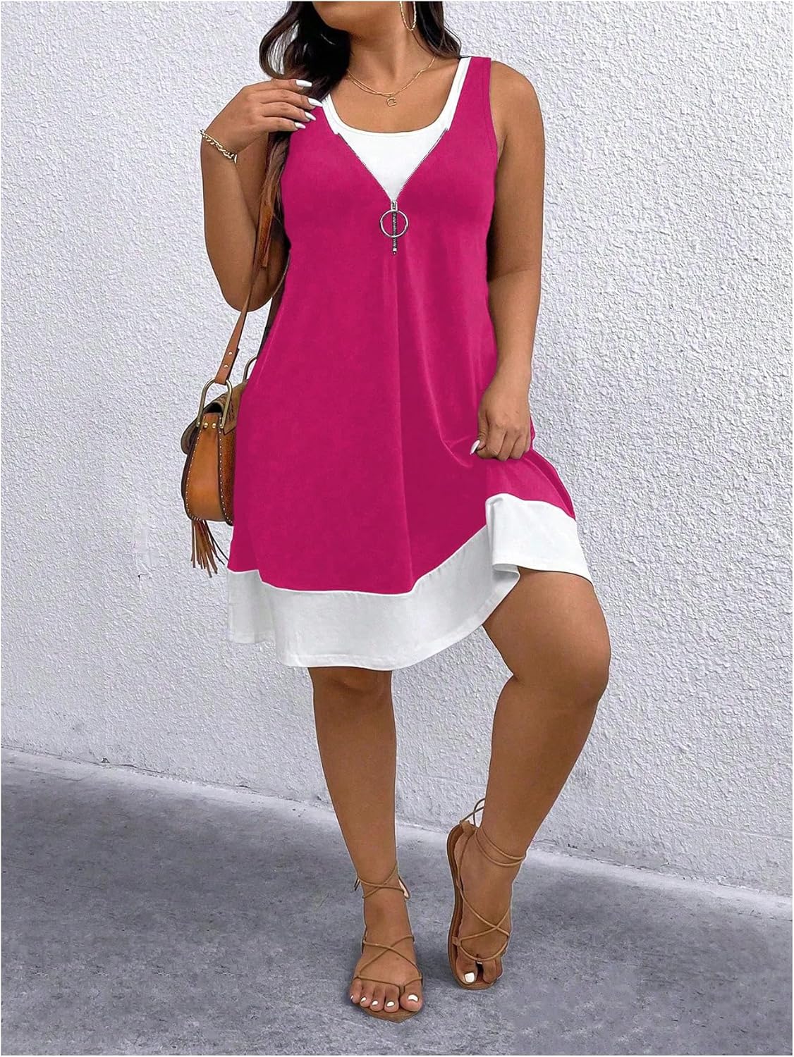 Verdusa Women's Plus Size Summer Dress Color Block Quarter Zip Tank Dress Sleeveless Short Dresses