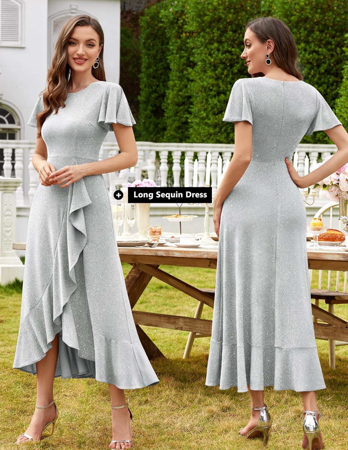 BeryLove Women Sequin Formal Party Dress Flutter Short Sleeve Wedding Cocktail Long Evening Dress