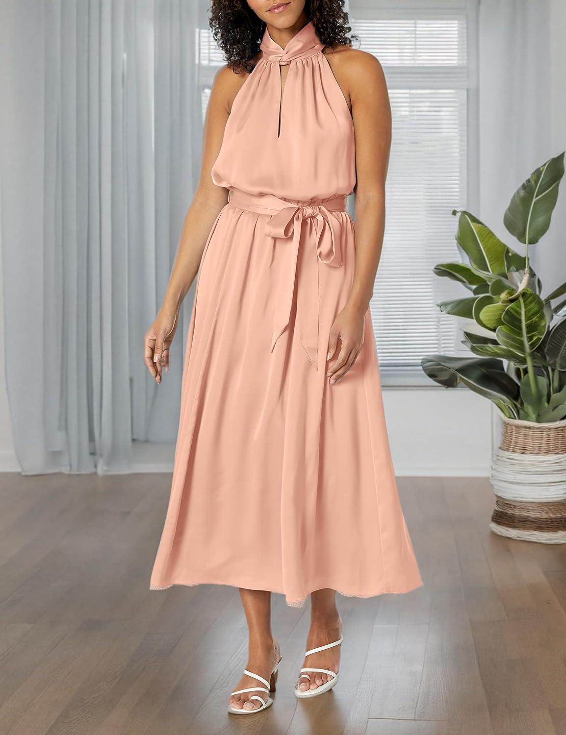 Anne Klein Womens Satin Halter Midi Dress
