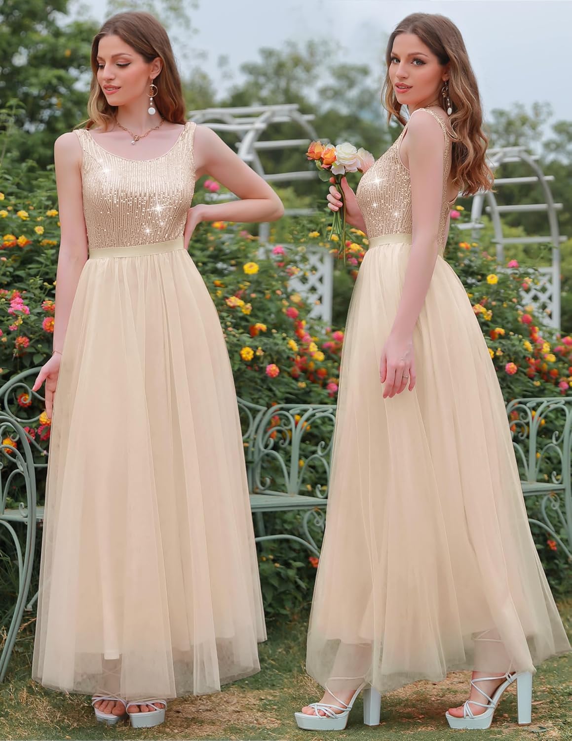 BeryLove Sequin Dress for Woman Vintage A Line Wedding Formal Swing Mesh Dress Sleeveless Cocktail Maxi Gowns