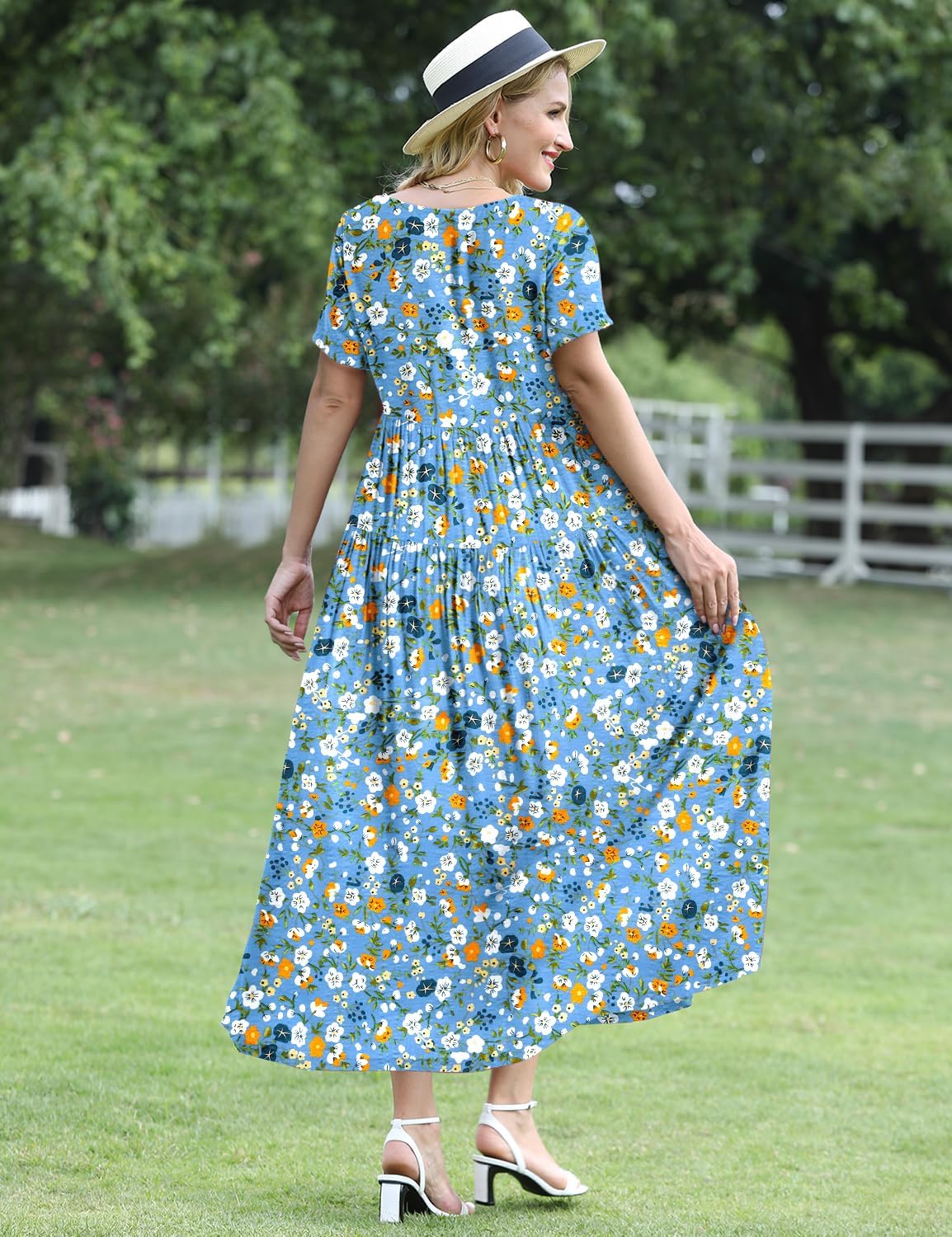 YESNO Women Casual Loose Bohemian Floral Dress with Pockets Short Sleeve Long Maxi Summer Beach Swing Dress EJF