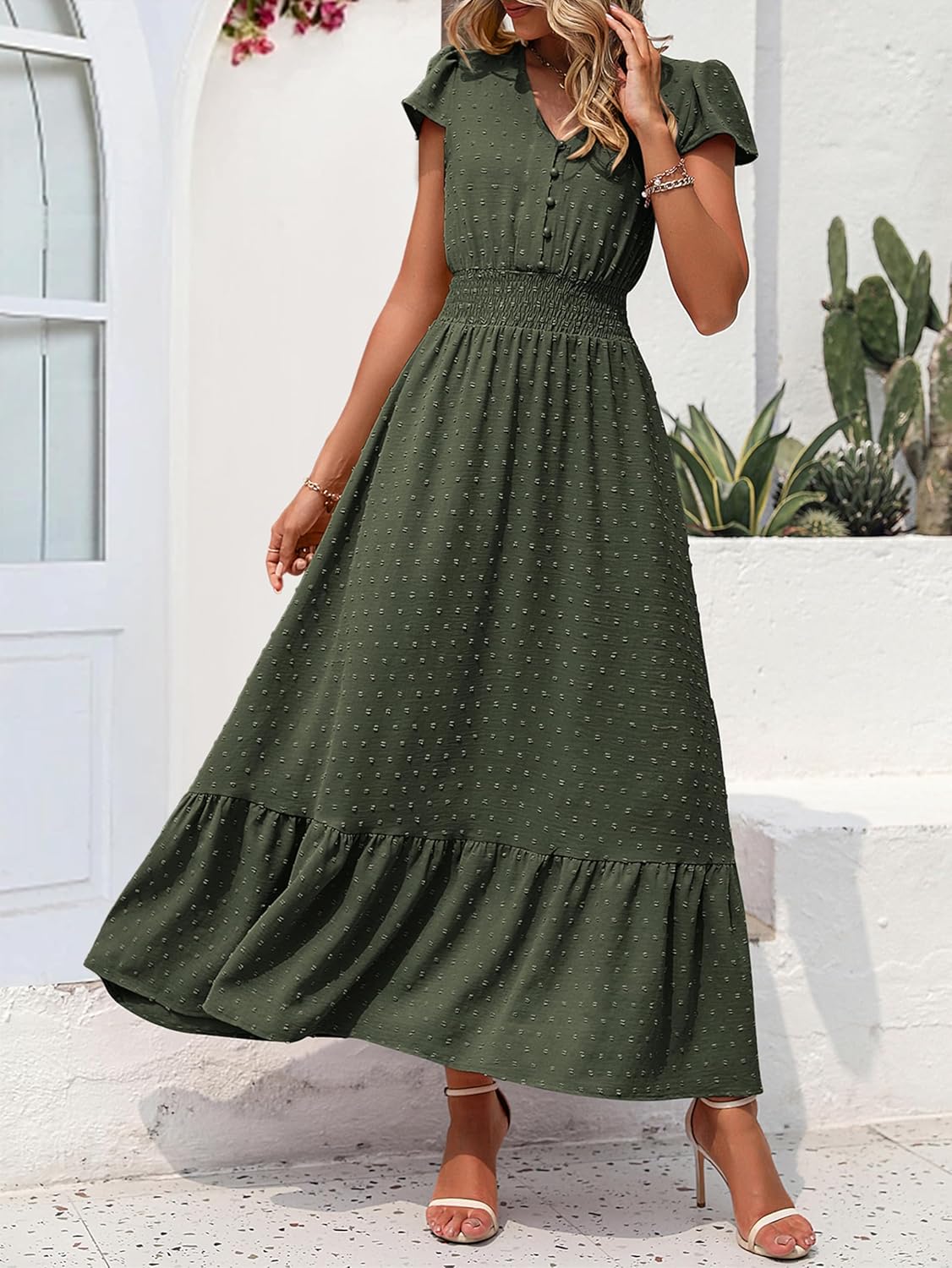 PRETTYGARDEN Womens Dresses 2025 Summer Maxi Dress Boho Short Sleeve V Neck Swiss Dot Ruffle Tiered Smocked Flowy Long Dress