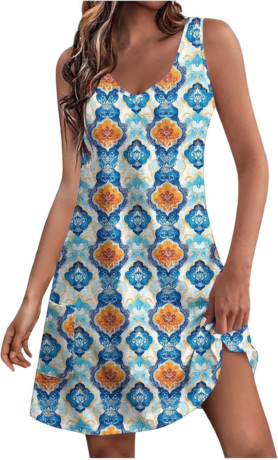 Womens 2025 Spring Summer Dresses Casual Floral Print V-Neck Tank Dress Curve Hem Pleated A-Line Sundresses