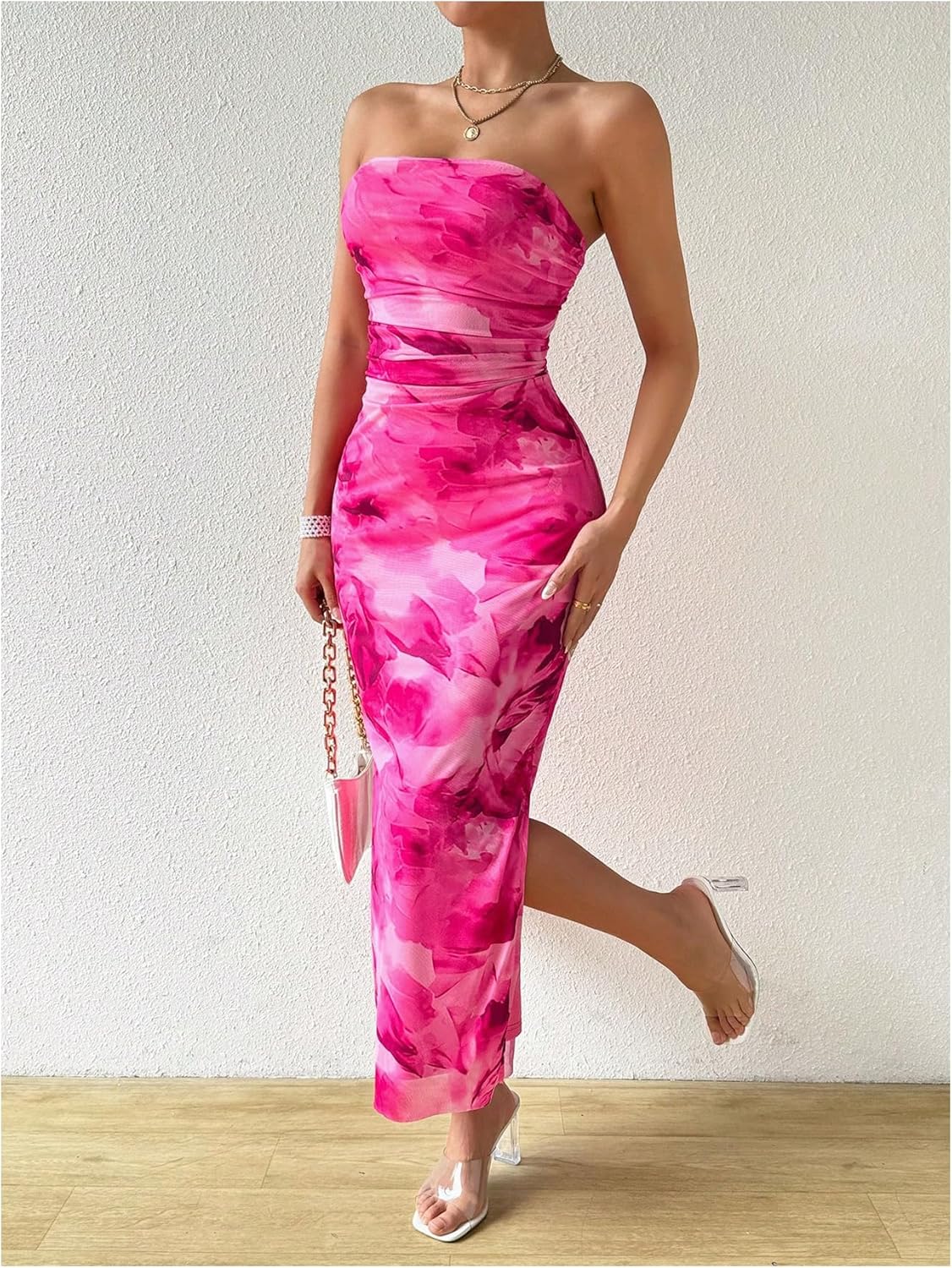 Milumia Women's Printed Strapless Tube Top Long Dress Slit Hem Sleeveless Bodycon Maxi Dresses