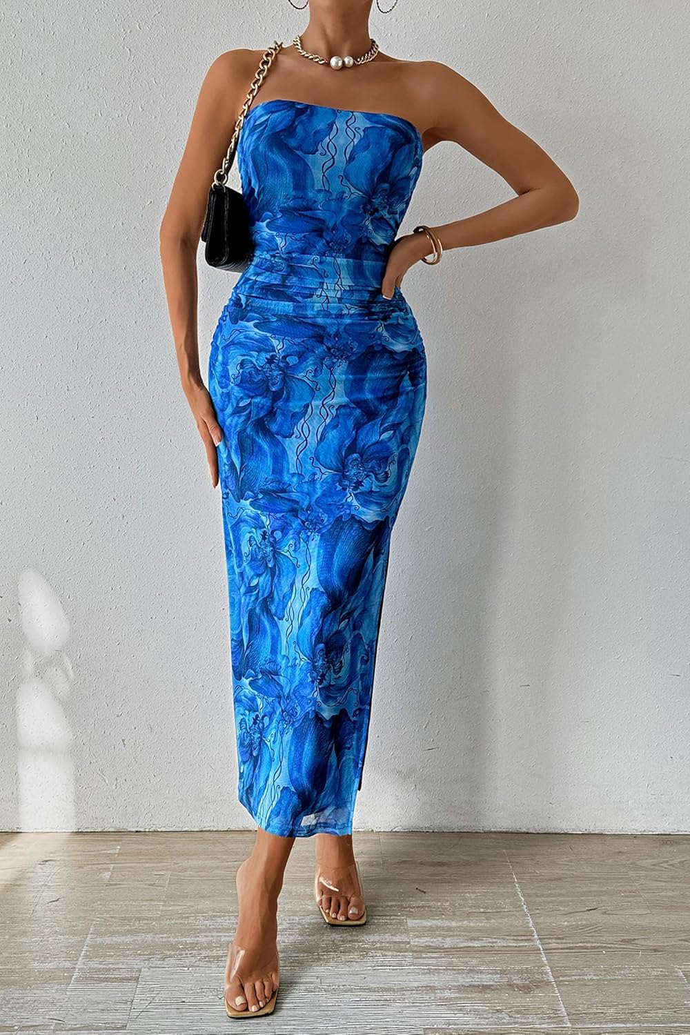 PRETTYGARDEN Women's Summer Maxi Bodycon Dresses Strapless Tube Top Printed Long Party Club Slit Dress