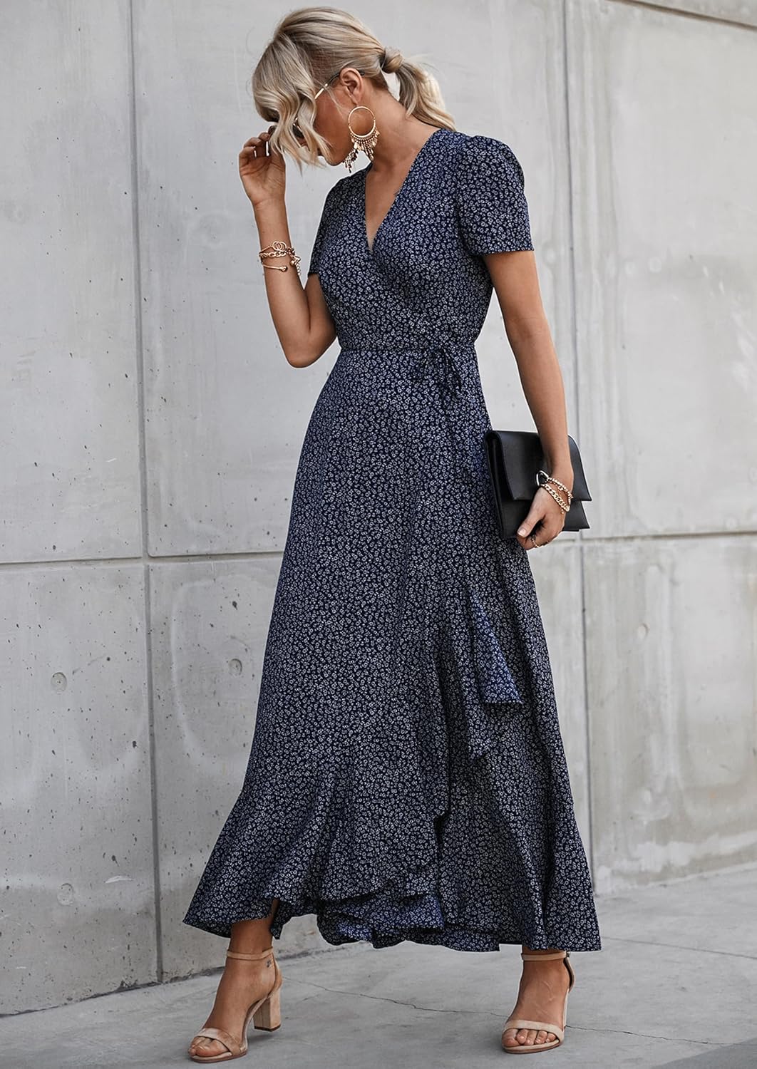 PRETTYGARDEN Women's Summer Wrap Maxi Dress Casual Short Sleeve Floral Boho V Neck Split Ruffle Beach Long Dresses