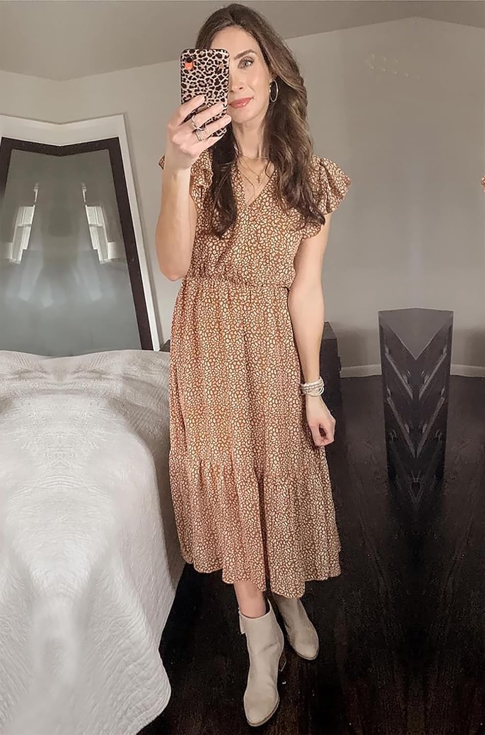 BTFBM Women Summer Bohemian Floral Casual Wrap V Neck Ruffle Cap Sleeveless Belt A-Line Pleated Hem Midi Sun Dress White