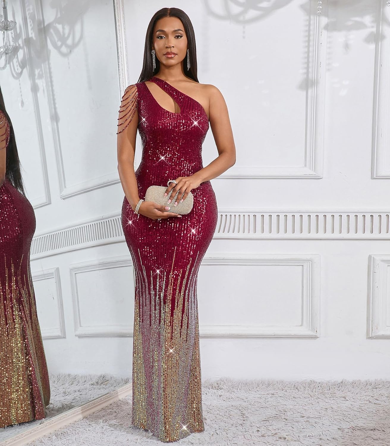 Cololura Women Sequin Elegant Sexy One Shoulder Tassel Mermaid Bodycon Cocktail Evening Dress