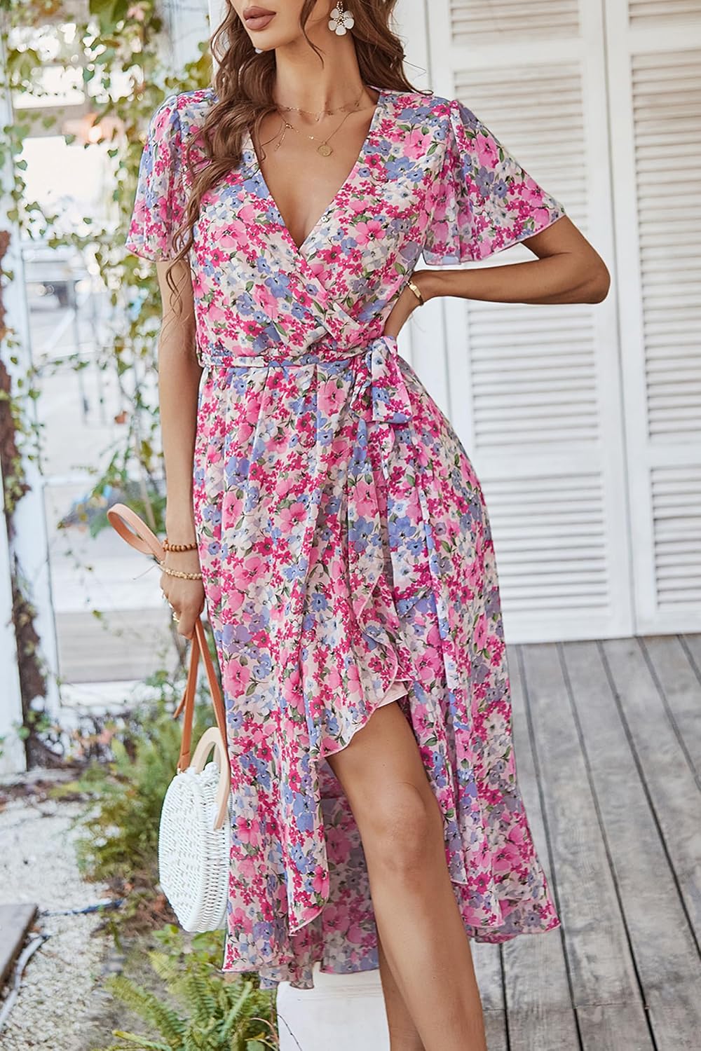 PRETTYGARDEN Women's Summer Floral Boho Dress Wrap V Neck Short Sleeve Ruffle A-Line Flowy Maxi Wedding Guest Dresses
