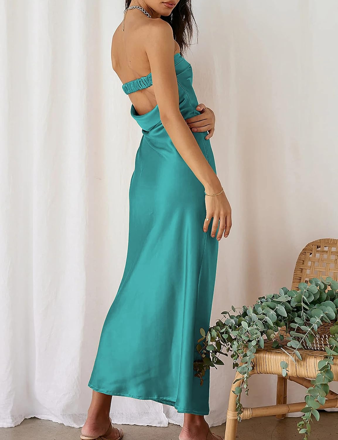Realtix Satin Silk Backless Tube Tops Maxi Dress for Women Low Back Hollow Out Elegant Strapless Long Dresses Wedding Guest