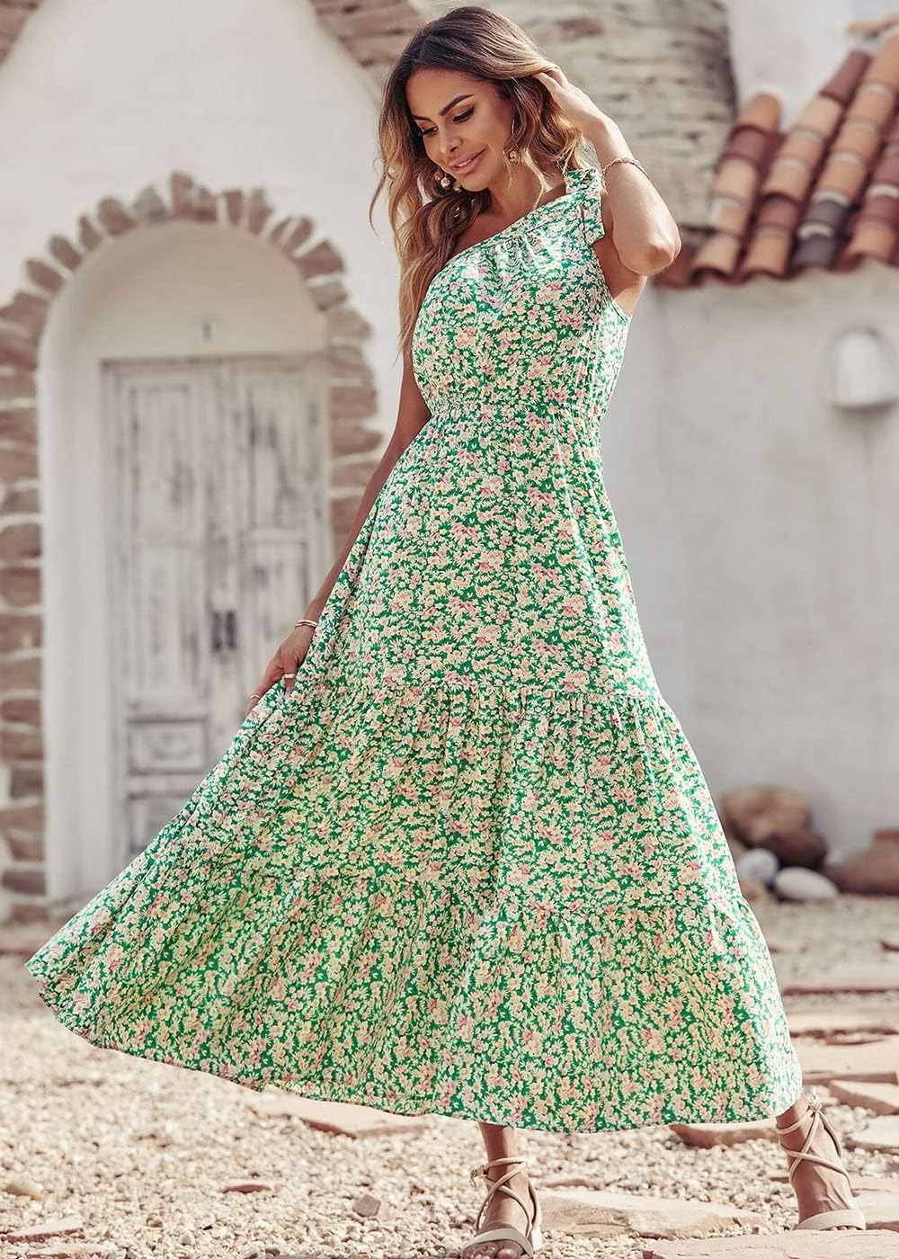 PRETTYGARDEN Women's Summer Floral Maxi Dress Knot One Shoulder Sleeveless Ruffle Flowy Boho Beach Wedding Guest Dresses