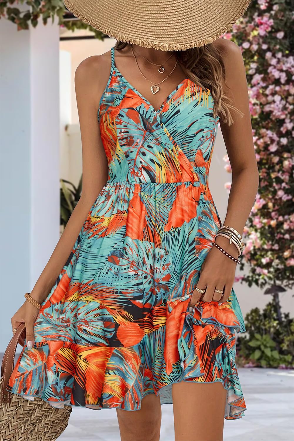 ULTRANICE Womens Summer Dresses Floral V Neck Ruffled Hem Spaghetti Spring Casual Beach Outfits Flowy Wrap Sun Dress