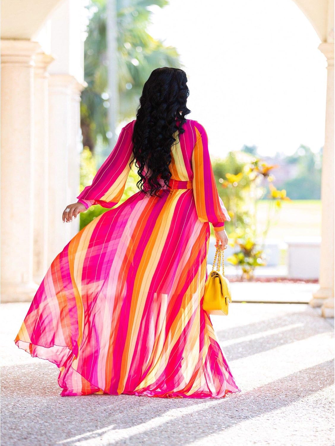 Nuofengkudu Womens Chiffon Deep V-Neck Stripe Printed Maxi Dress Unique Loose Summer Boho Dresses High Waiste(S-5XL)