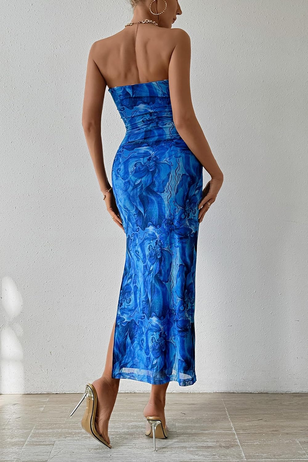 PRETTYGARDEN Women's Summer Maxi Bodycon Dresses Strapless Tube Top Printed Long Party Club Slit Dress