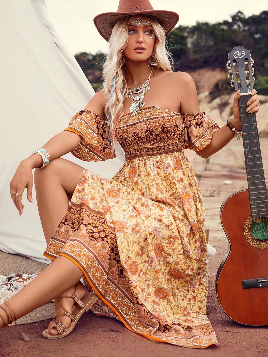 Floerns Women's Boho Floral Print Off Shoulder Split Long A Line Dress