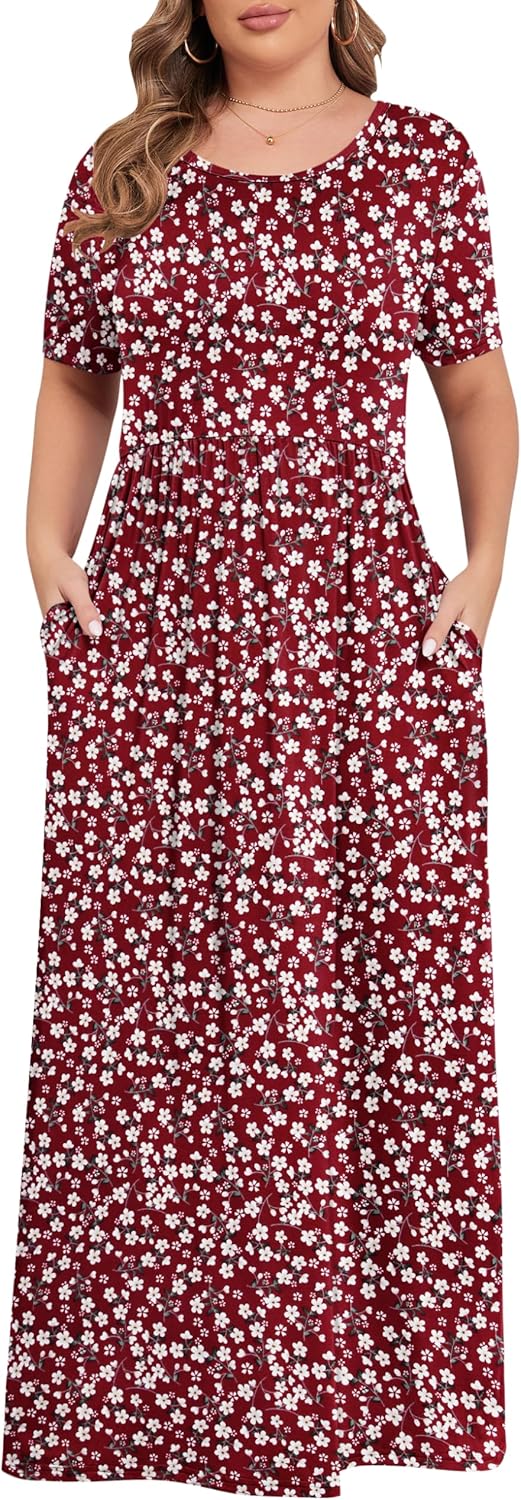KARALIN Women’s Plus Size Maxi Dresses for Curvy Women Summer Casual Short Sleeve 2025 Long Dress 14W-26W