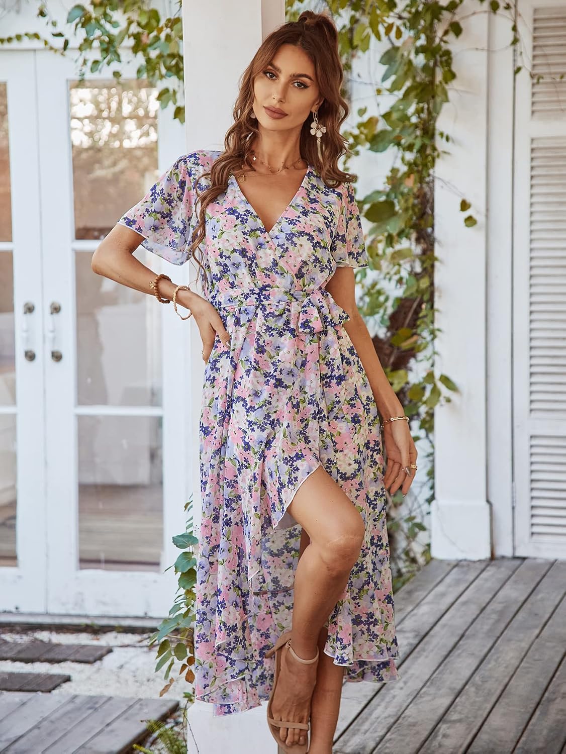 PRETTYGARDEN Women's Summer Floral Boho Dress Wrap V Neck Short Sleeve Ruffle A-Line Flowy Maxi Wedding Guest Dresses