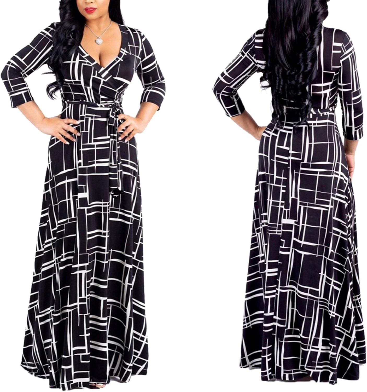 FANDEE Plus Size Maxi Dress for Women Casual Summer Sundress V-Neck 3/4 Sleeve