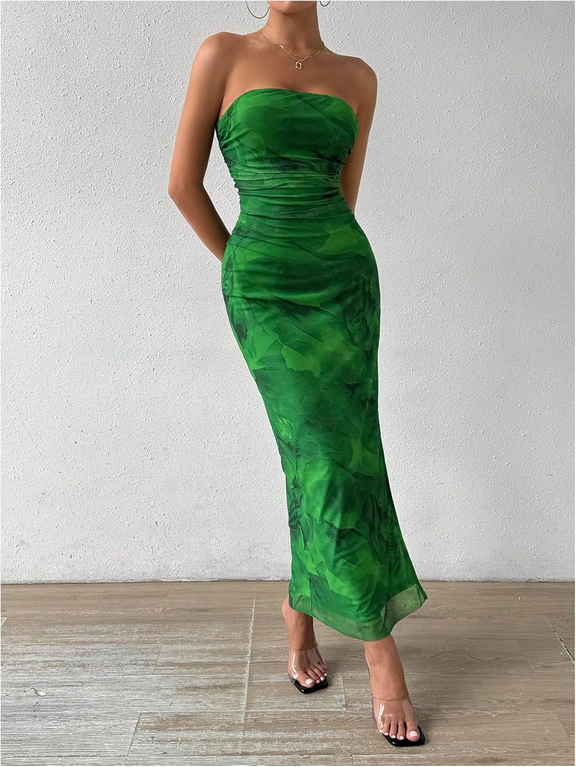 Milumia Women's Printed Strapless Tube Top Long Dress Slit Hem Sleeveless Bodycon Maxi Dresses