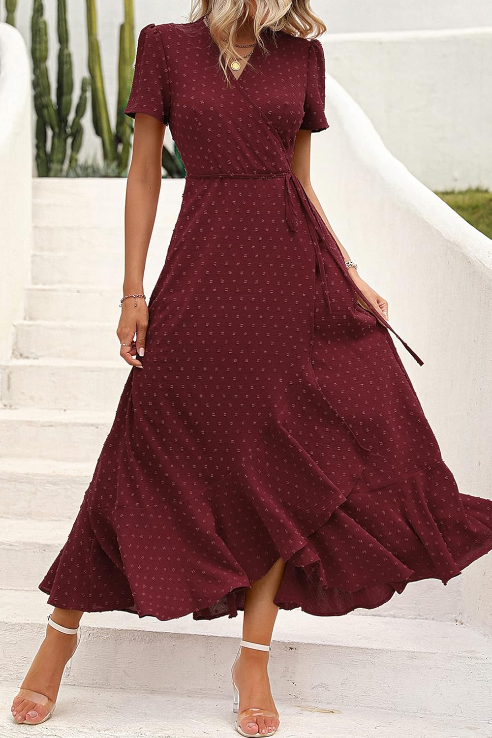 PRETTYGARDEN Women's Summer Wrap Maxi Dress Casual Short Sleeve Floral Boho V Neck Split Ruffle Beach Long Dresses