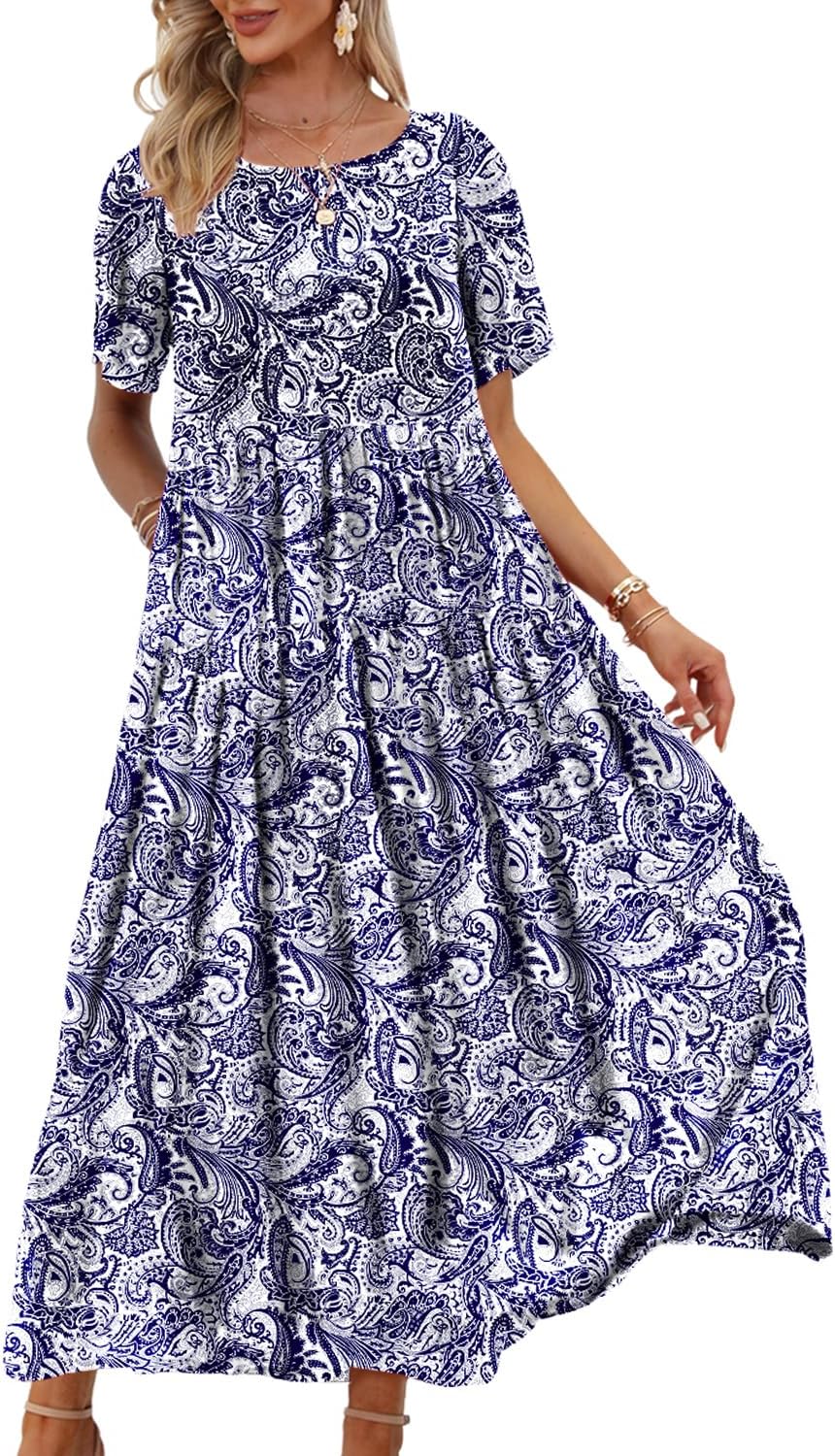 YESNO Women Casual Loose Bohemian Floral Dress with Pockets Short Sleeve Long Maxi Summer Beach Swing Dress EJF