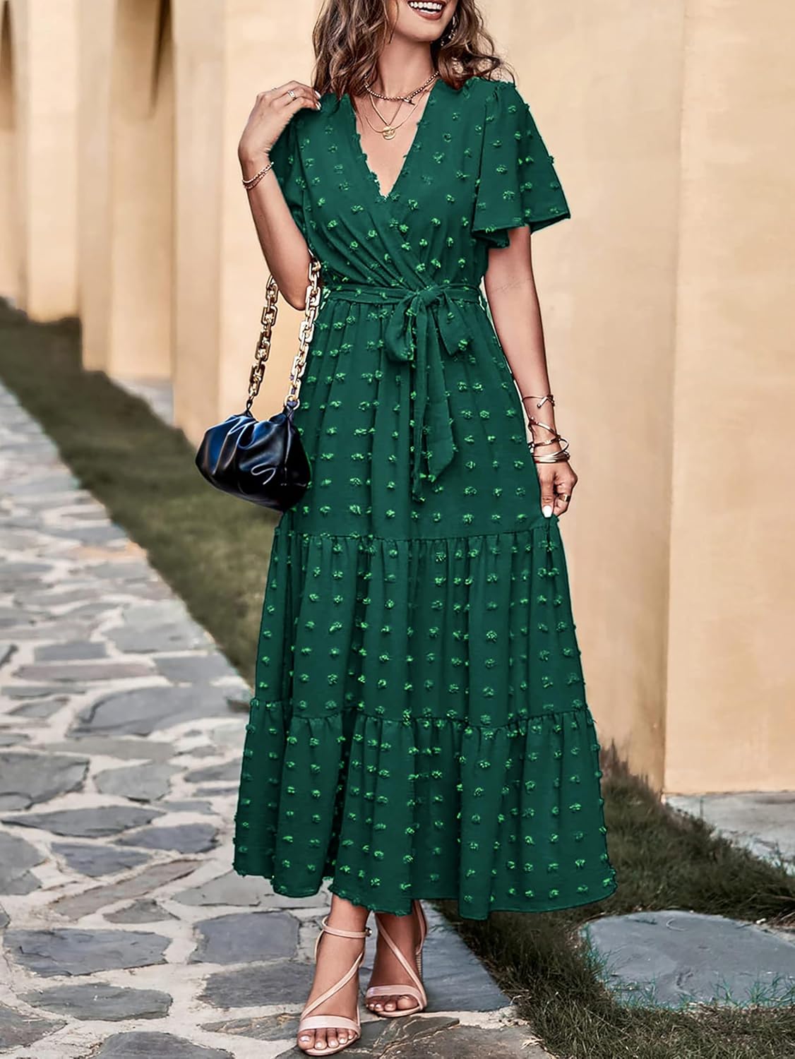 MASCOMODA Womens Boho Swiss Dot Maxi Dresses Wrap V Neck Flutter Short Sleeve Solid Tie Belt A Line Tiered Flowy Long Dress