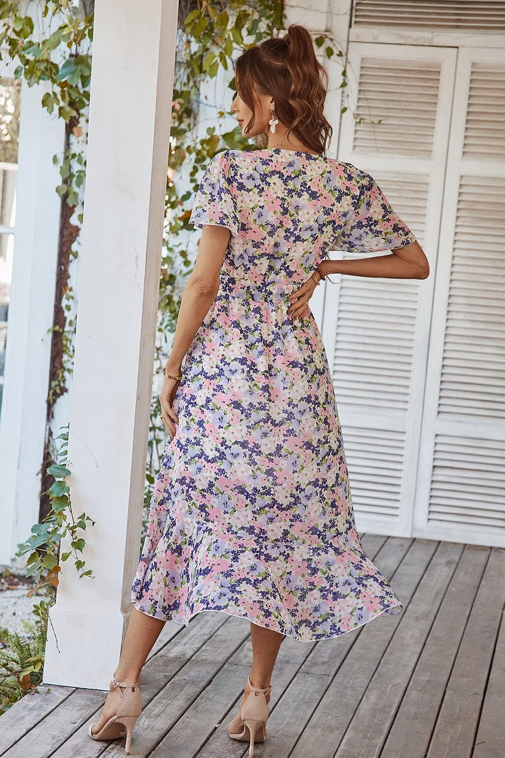 PRETTYGARDEN Women's Summer Floral Boho Dress Wrap V Neck Short Sleeve Ruffle A-Line Flowy Maxi Wedding Guest Dresses