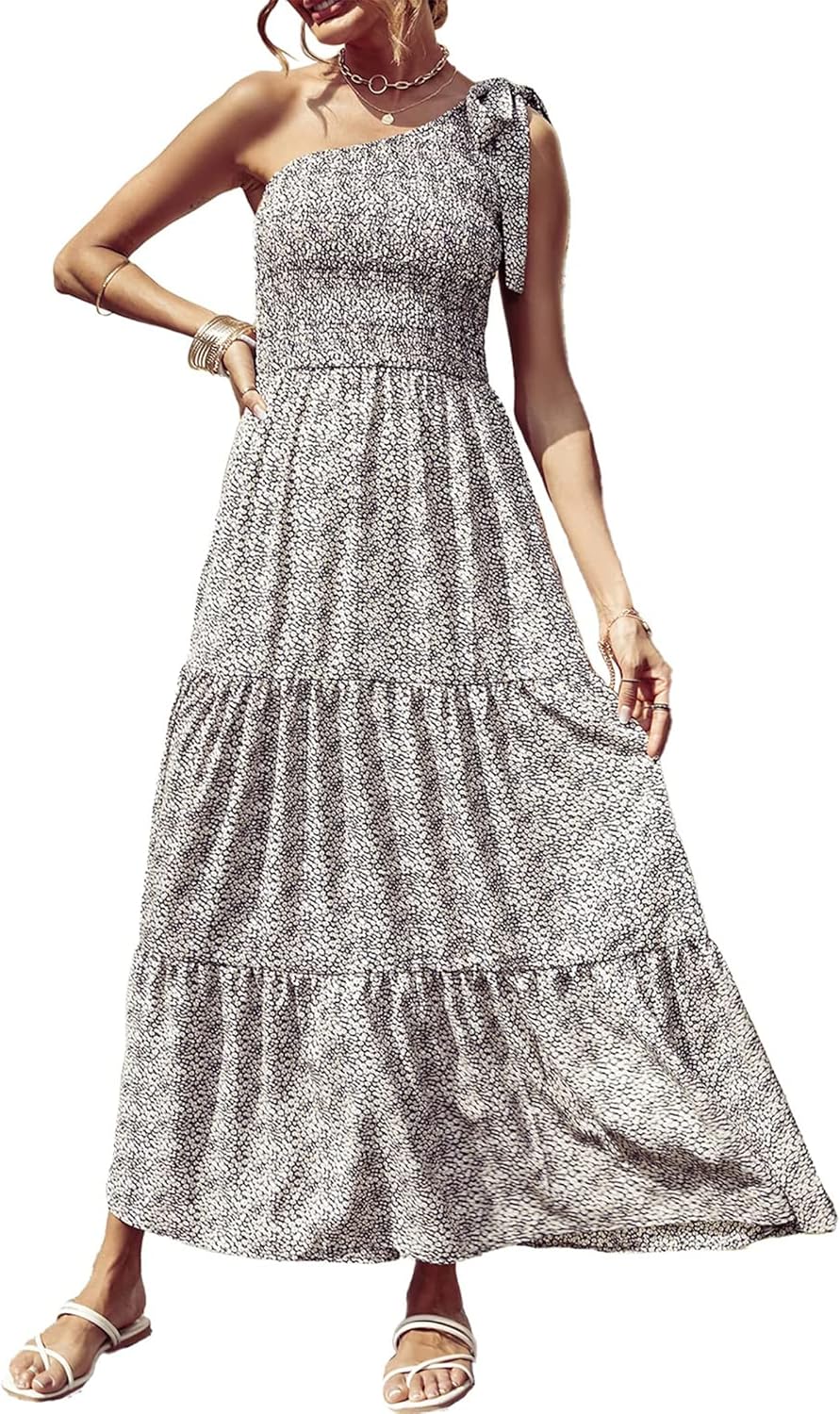 PRETTYGARDEN Women's Summer Floral Maxi Dress Knot One Shoulder Sleeveless Ruffle Flowy Boho Beach Wedding Guest Dresses