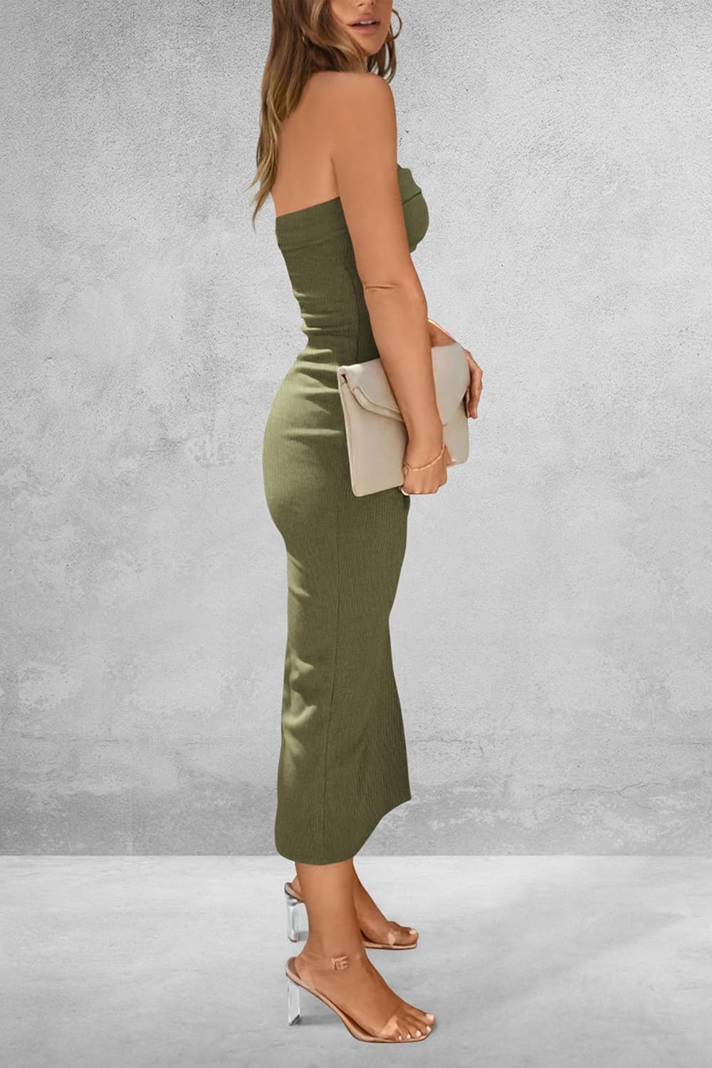 PRETTYGARDEN Women's Summer Bodycon Maxi Tube Dress Ribbed Strapless Side Slit Long Going Out Casual Elegant Party Dresses