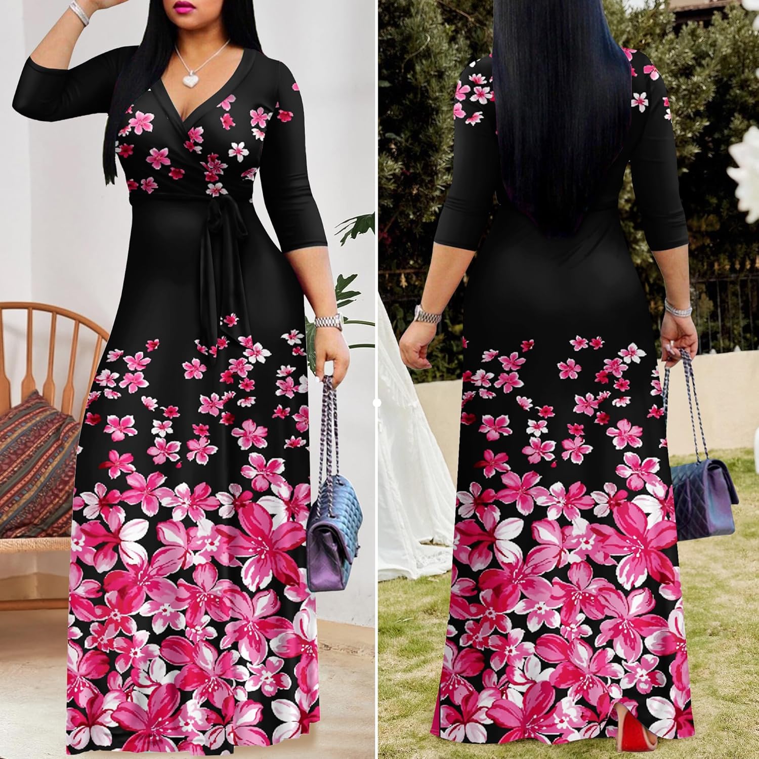 FANDEE Plus Size Maxi Dress for Women Casual Summer Sundress V-Neck 3/4 Sleeve