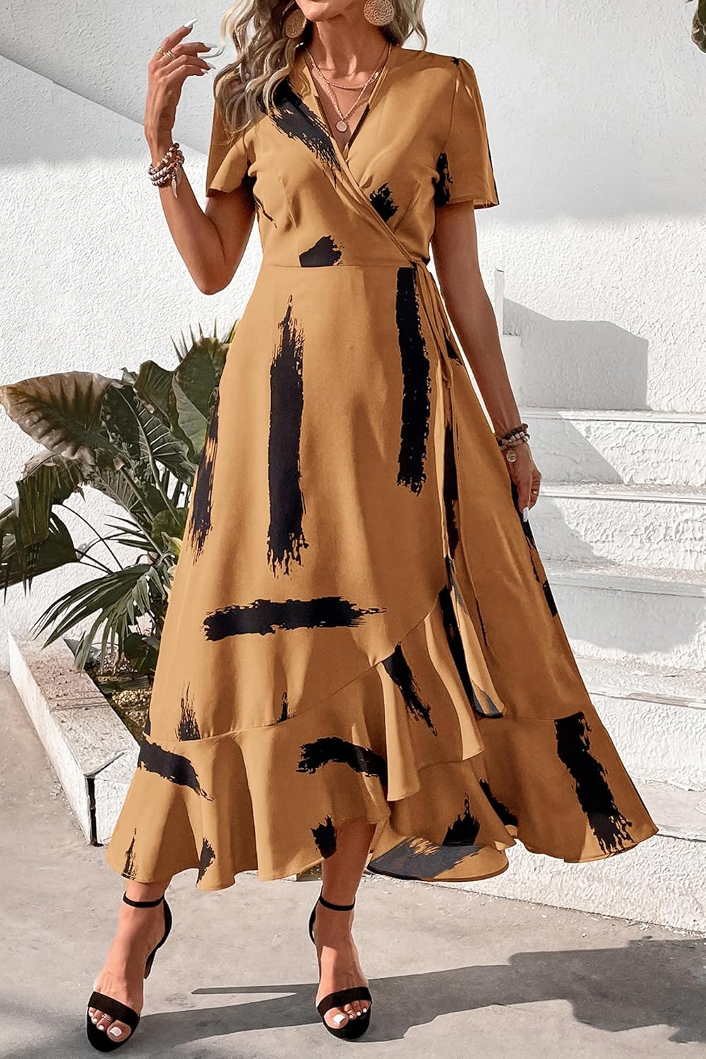 PRETTYGARDEN Women's Summer Wrap Maxi Dress Casual Short Sleeve Floral Boho V Neck Split Ruffle Beach Long Dresses