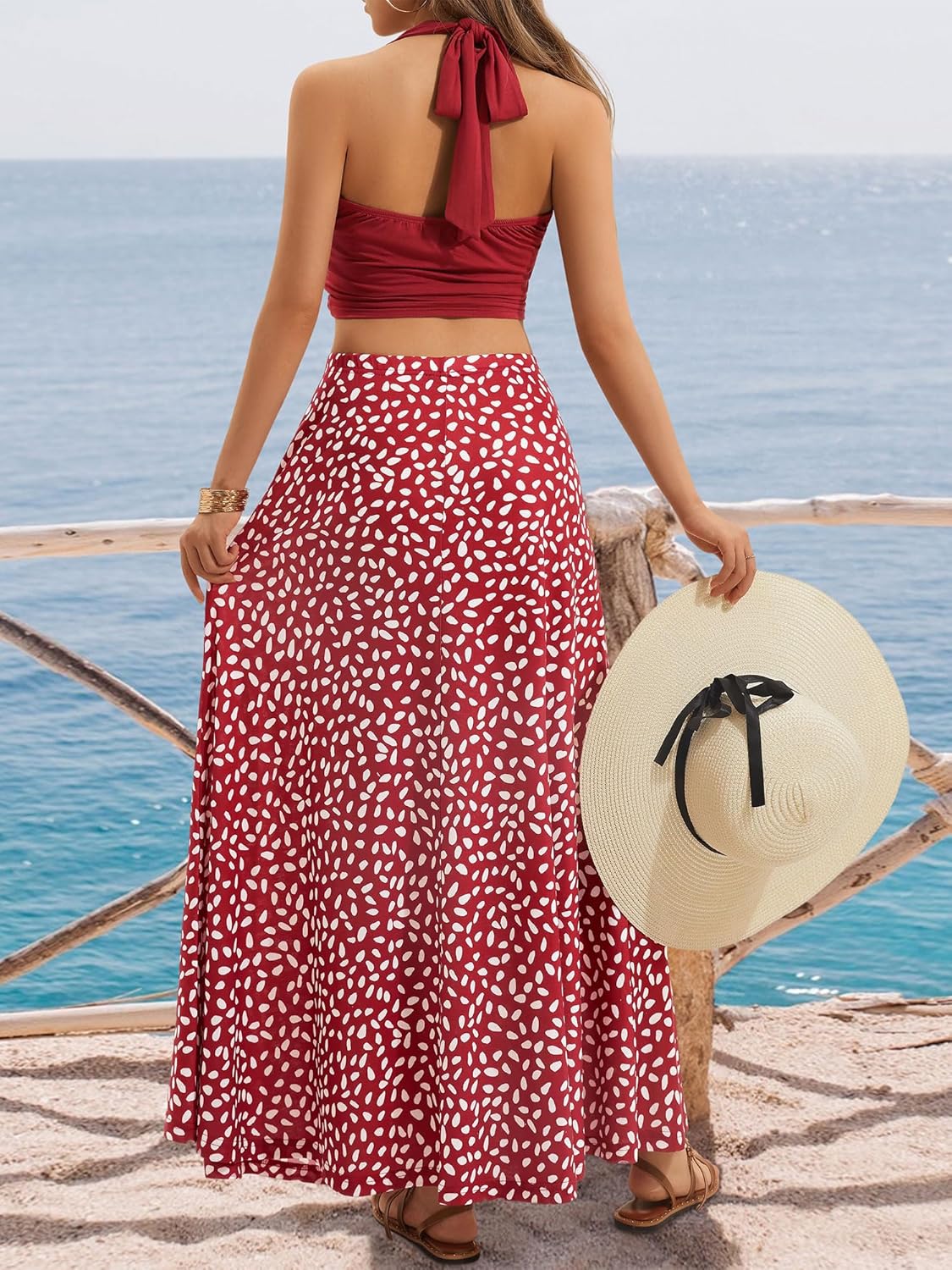 FENSACE Women's Summer Sexy 2 Pieces Floral Beach Vacation Outfits Halter Top Maxi Skirt Set