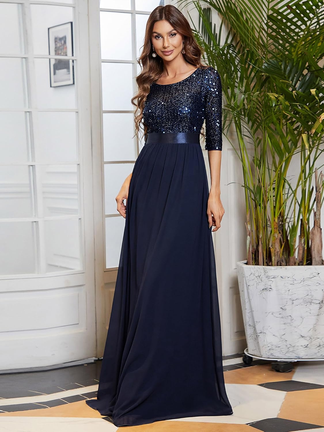 Ever-Pretty Women's Round Neck Maxi Dresses Sequin Plus Size Formal Dresses for Women 0683-PZ