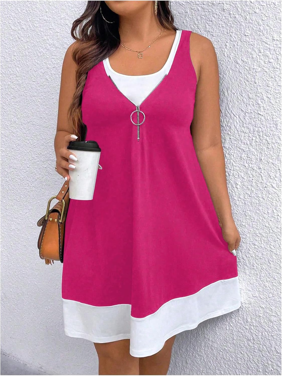 Verdusa Women's Plus Size Summer Dress Color Block Quarter Zip Tank Dress Sleeveless Short Dresses