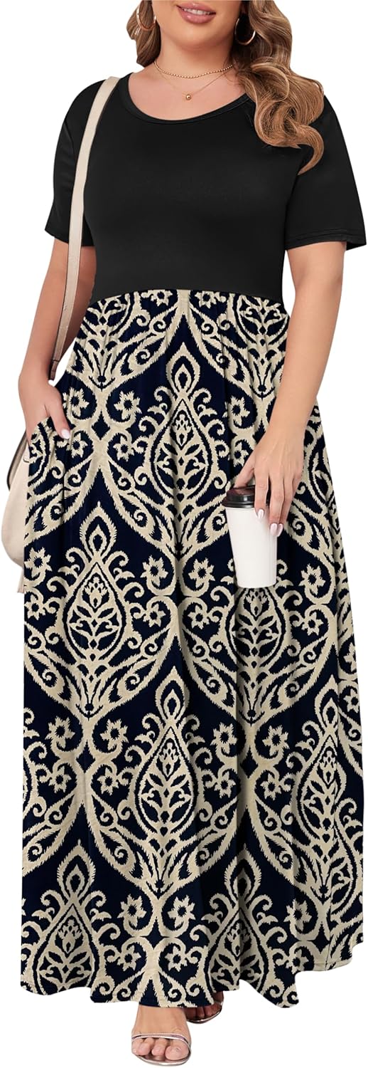 KARALIN Women’s Plus Size Maxi Dresses for Curvy Women Summer Casual Short Sleeve 2025 Long Dress 14W-26W