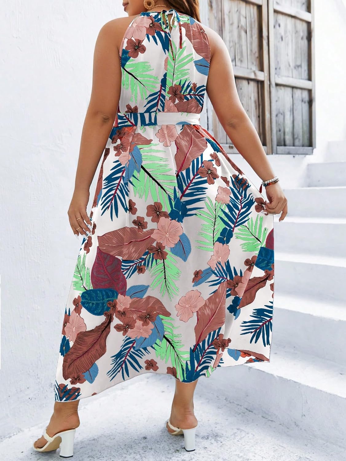 Floerns Women's Plus Size Boho Sleeveless Halter Neck Tie Back A Line Long Dress