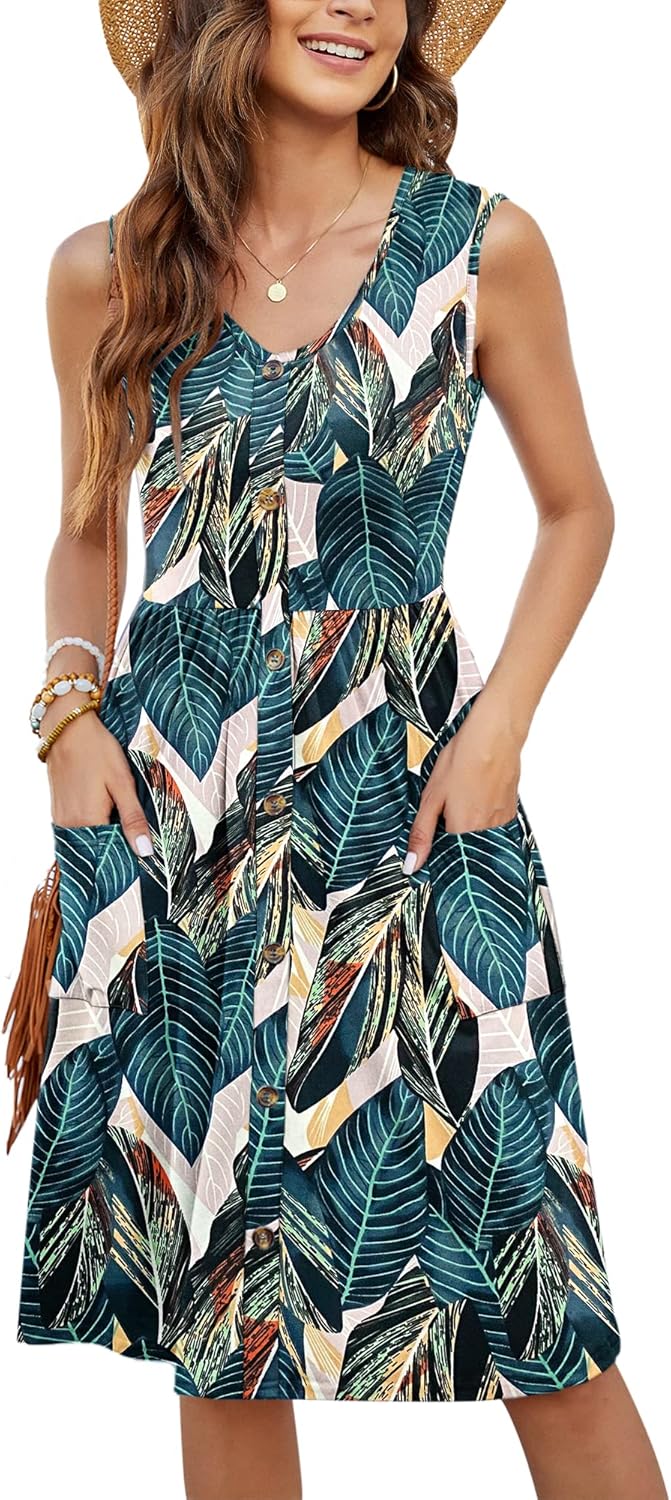 MOLERANI Women Summer Dresses Sleeveless Casual Loose Swing Button Down Midi Dress with Pockets