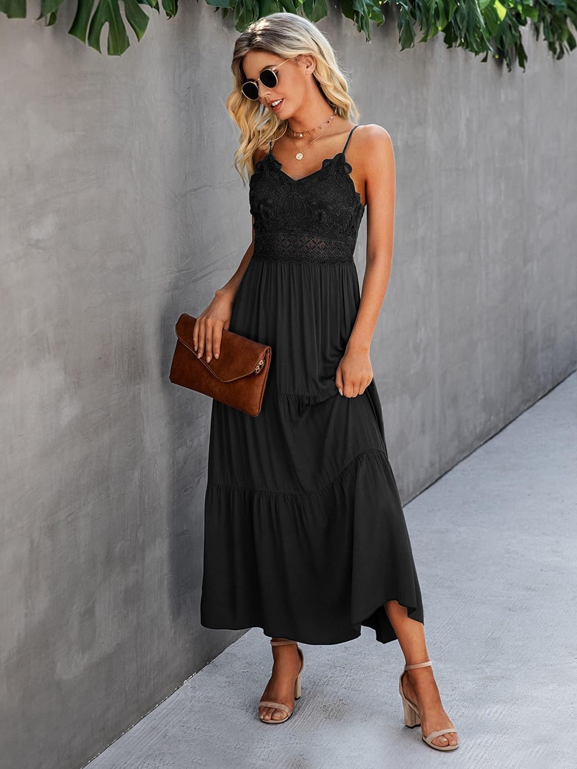 Dokuritu Women's Beach Crochet Lace Maxi Dress Solid Color Summer Vacation Spaghetti Strap Long Dress 2024