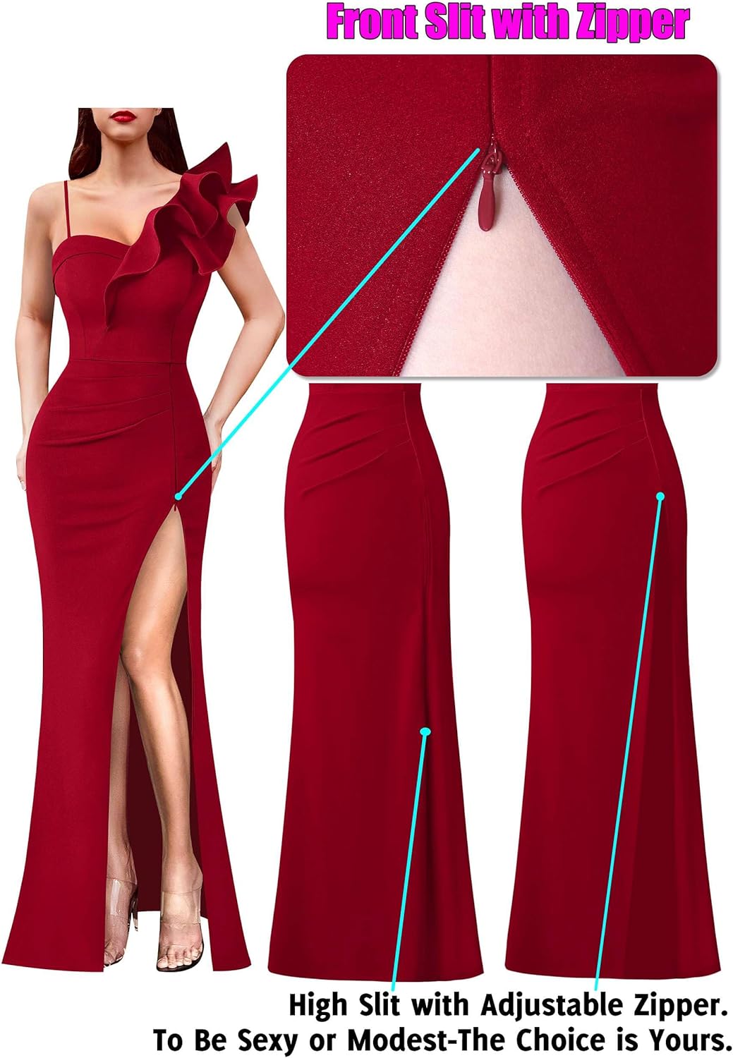 VFSHOW Womens Ruffle One Shoulder Strap Ruched Formal Prom Wedding Maxi Dress V Neck Elegant Split Cocktail Evening Long Gown